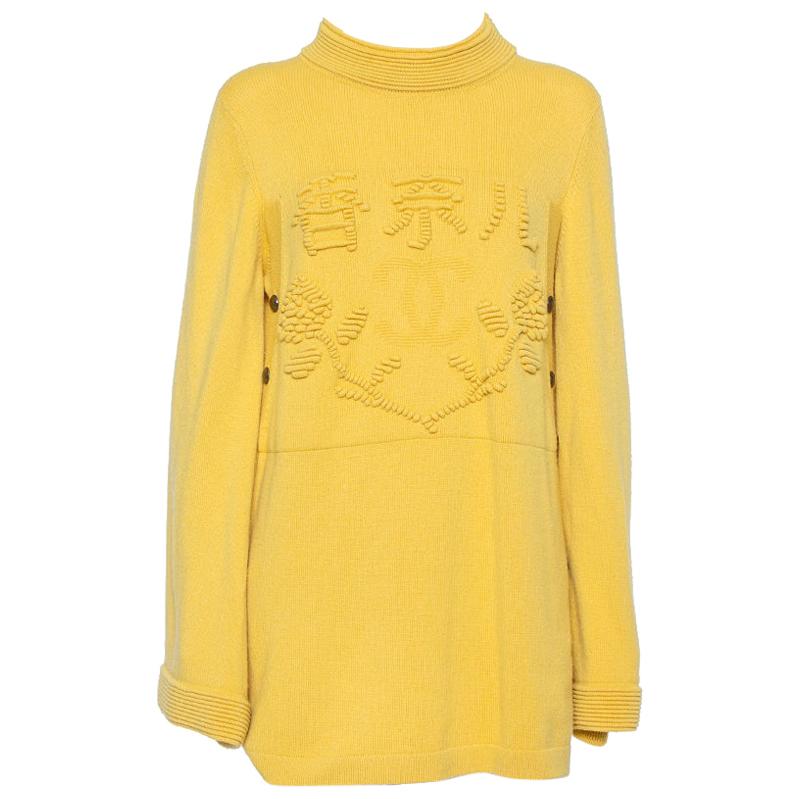 Chanel Paris Shanghai Collection Yellow Cashmere Logo Intarsia Knit Jumper L