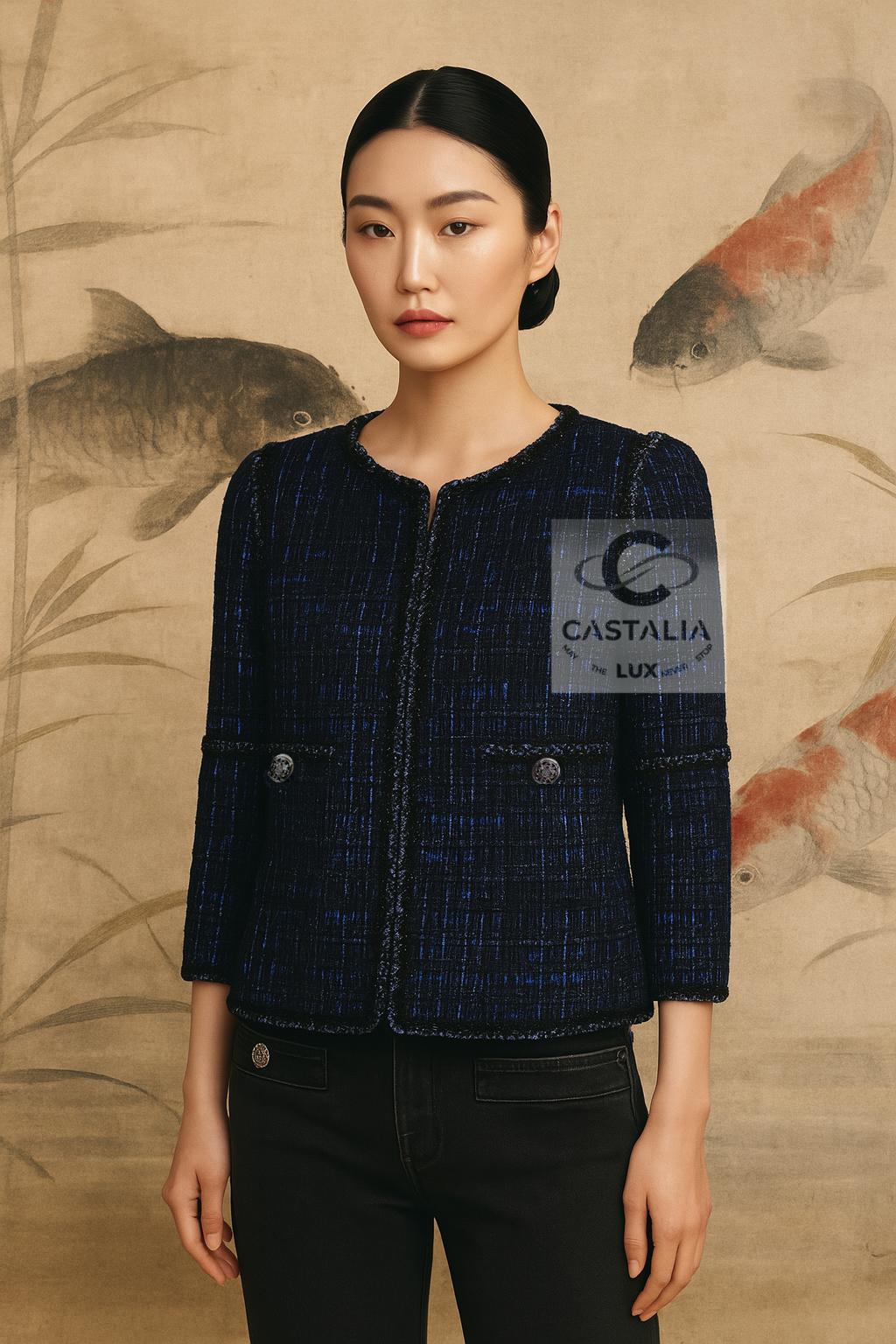 ~ Un raro manufatto dello sguardo di Chanel verso est 
- questa giacca in tweed di Lesage, vista sulla passerella della Collezione Paris / SHANGHAI Métiers d'Art 2010, porta con sé l'impronta di una modernità dinastica. 

~ Un abito non