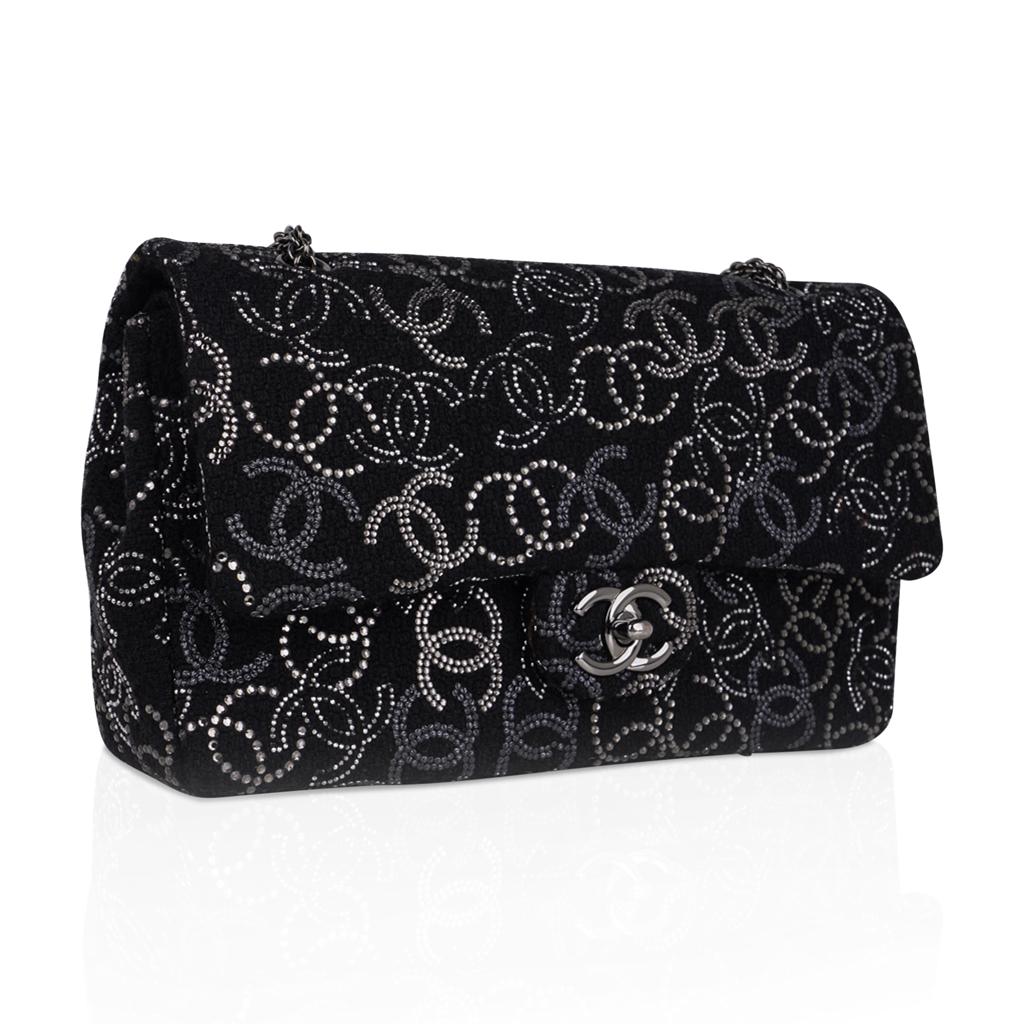 Chanel Paris-Shanghai Pudong Strass Embellished Black Tweed Flap Bag Medium In Excellent Condition In Miami, FL