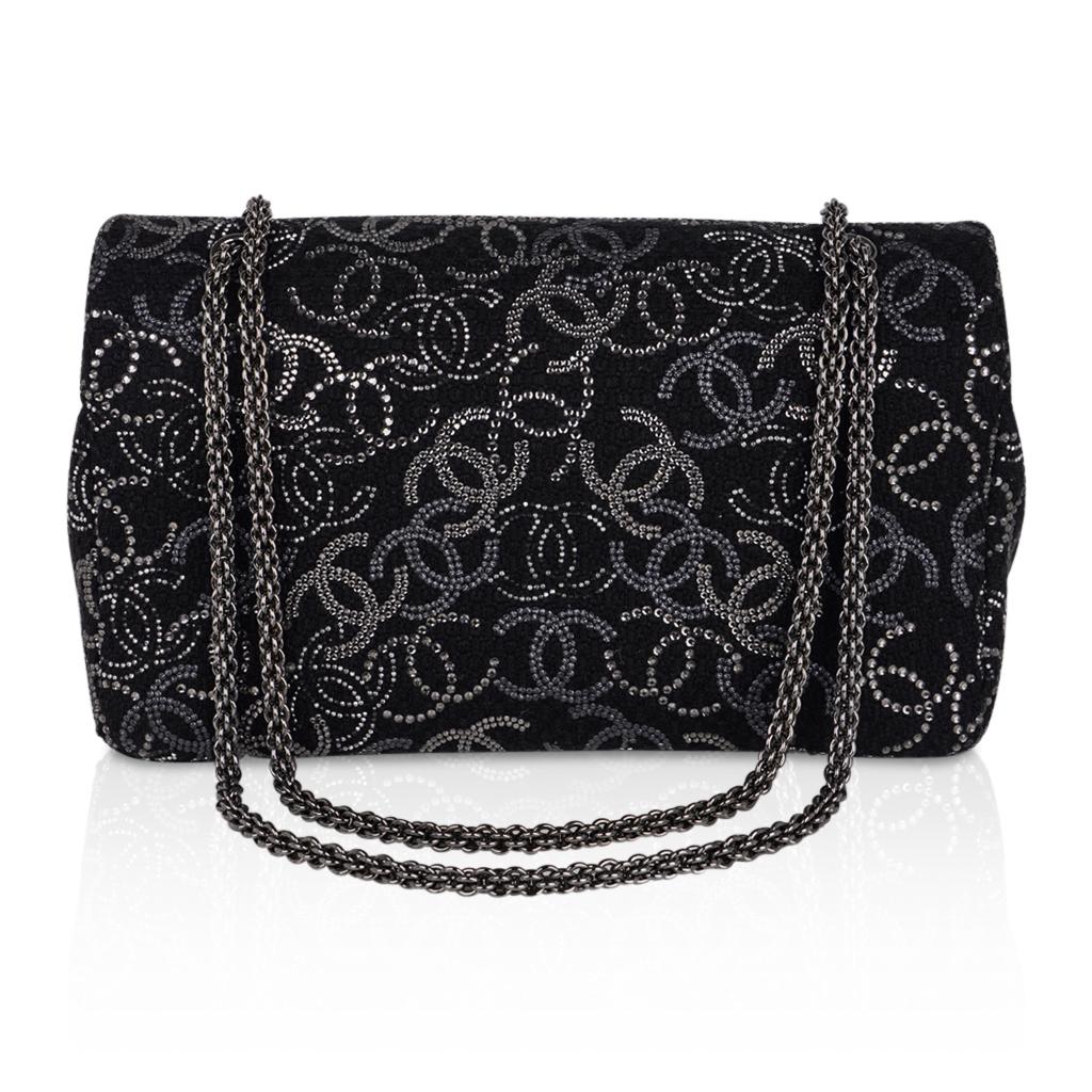 Chanel Paris-Shanghai Pudong Strass Embellished Black Tweed Flap Bag Medium 4