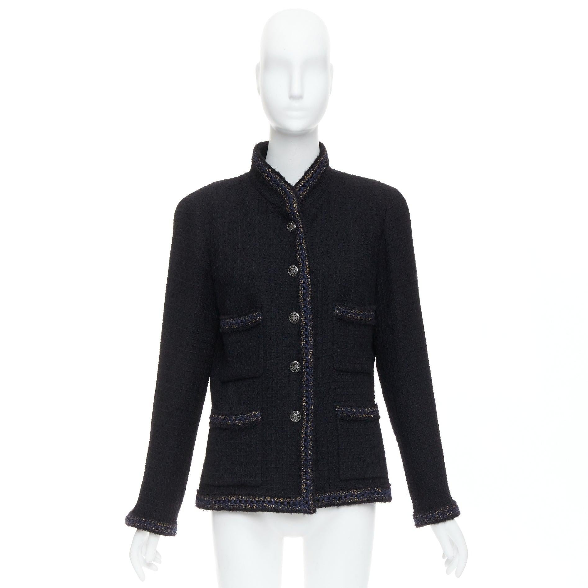 CHANEL Paris Shanghai Runway black lattice tweed crochet trim 4 pocket jacket For Sale 8