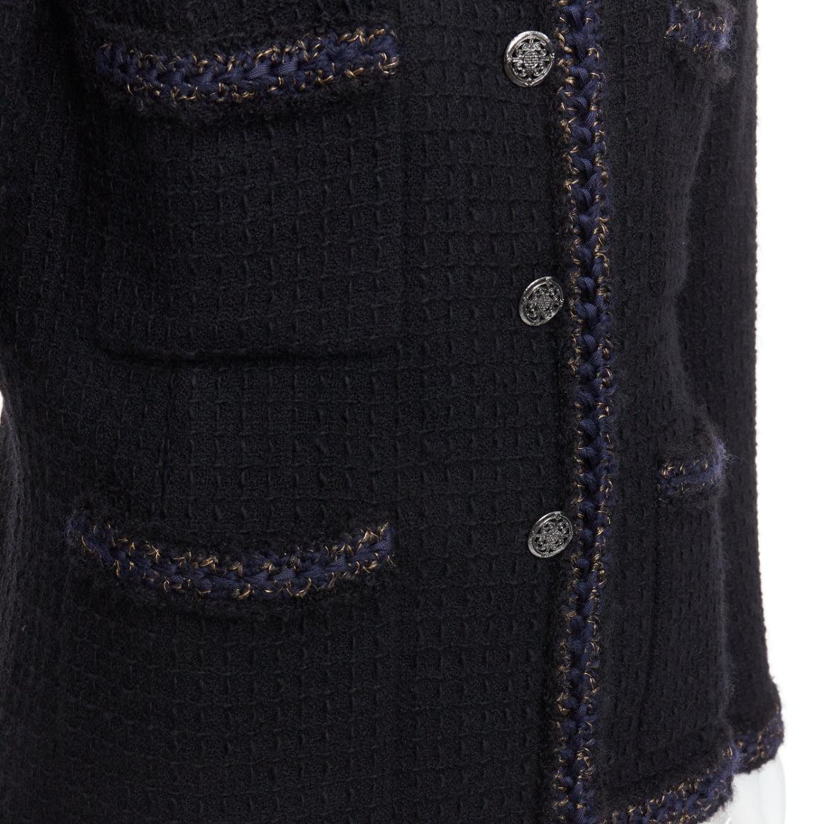 CHANEL 10A Paris Shanghai Runway black lattice tweed crochet trim 4 pocket  jacket FR46
Reference: BMPA/A00266
Brand: Chanel
Designer: Karl Lagerfeld
Model: P38782V24392
Collection: 10A Metiers d'Art Paris-Shanghai - Runway
Material: Wool
Color: