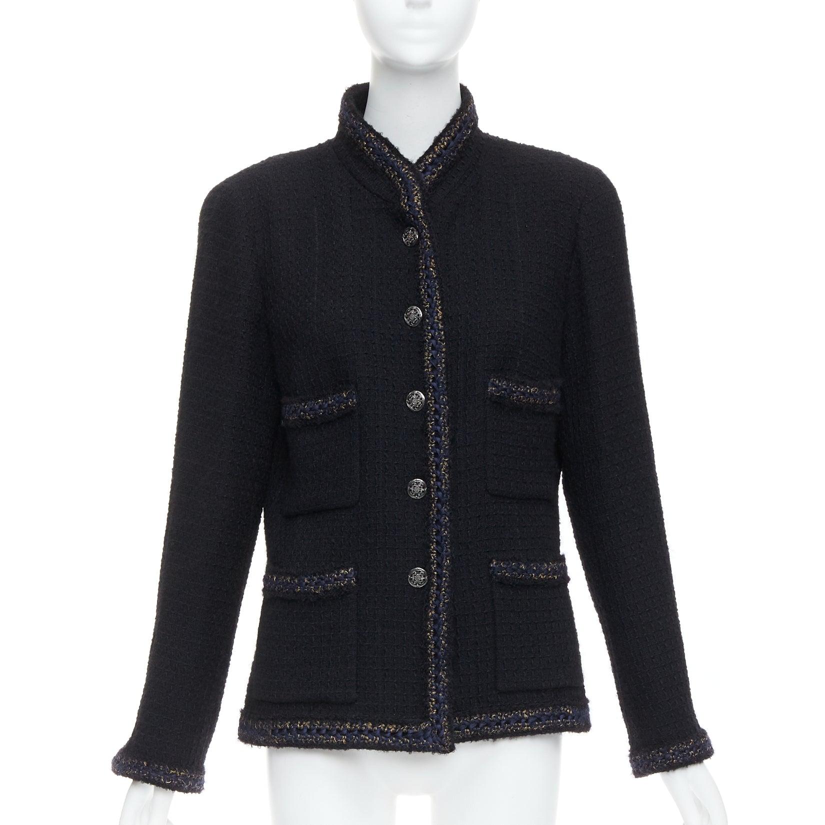 Black CHANEL Paris Shanghai Runway black lattice tweed crochet trim 4 pocket jacket For Sale