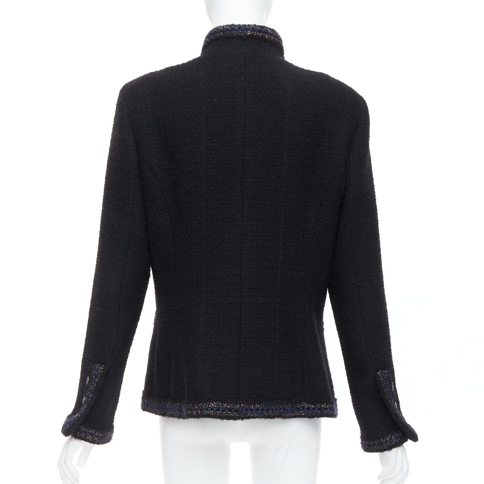 CHANEL Paris Shanghai Runway black lattice tweed crochet trim 4 pocket jacket For Sale 1