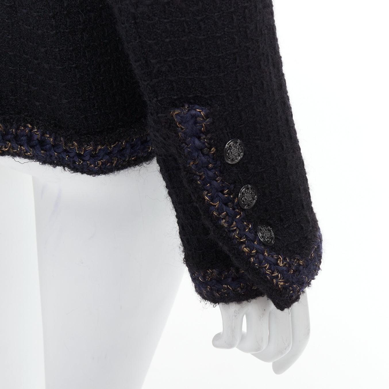 CHANEL Paris Shanghai Runway black lattice tweed crochet trim 4 pocket jacket For Sale 4