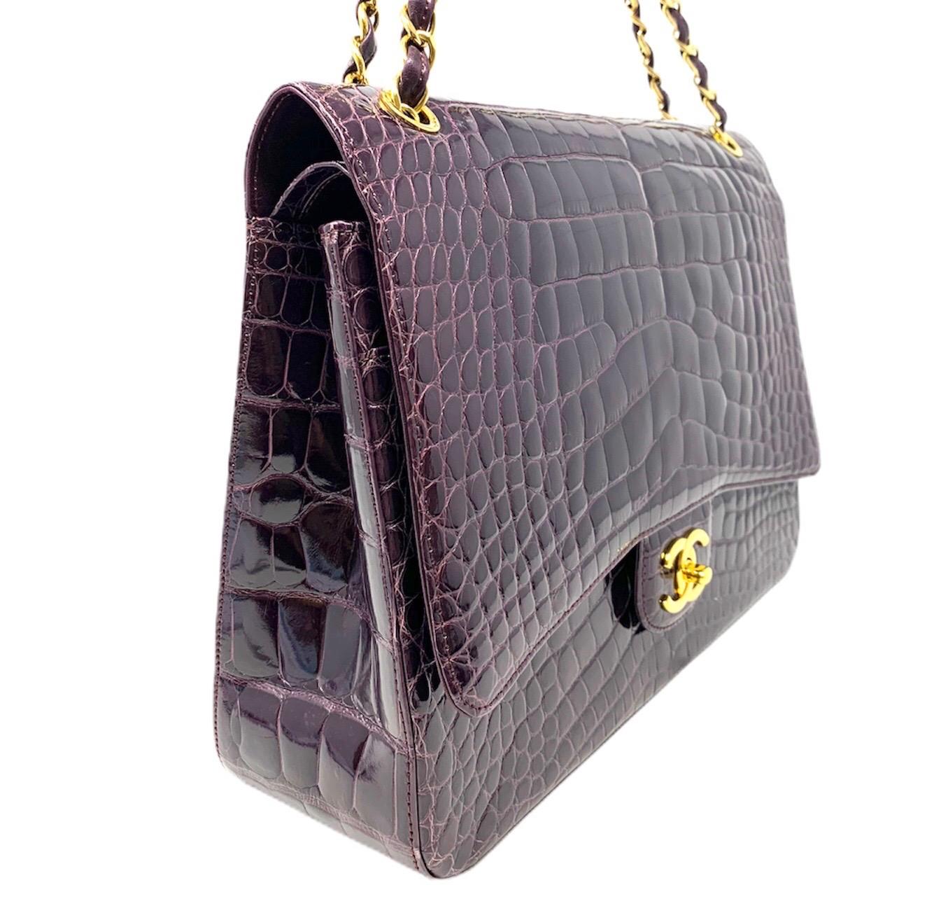 Black Chanel Paris Shiny Purple Crocodile Maxi Jumbo Timeless Bag, 2012 For Sale