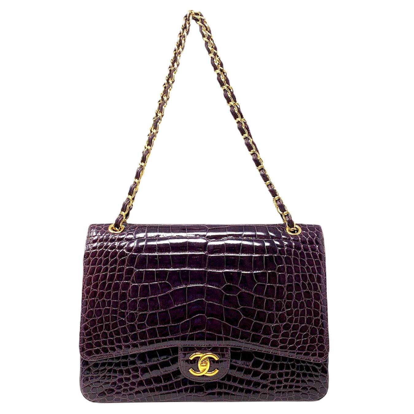 Chanel Paris Shiny Purple Crocodile Maxi Jumbo Timeless Bag, 2012 For Sale