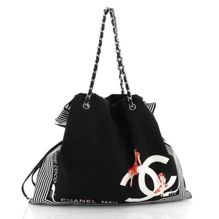 CHANEL Canvas Large Shopping Chain Tote Black White 693618