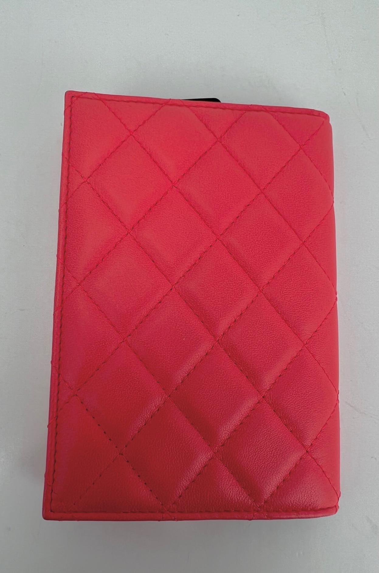 Red CHANEL Passport Holder Coral Quilted Calfskin Leather Wallet 