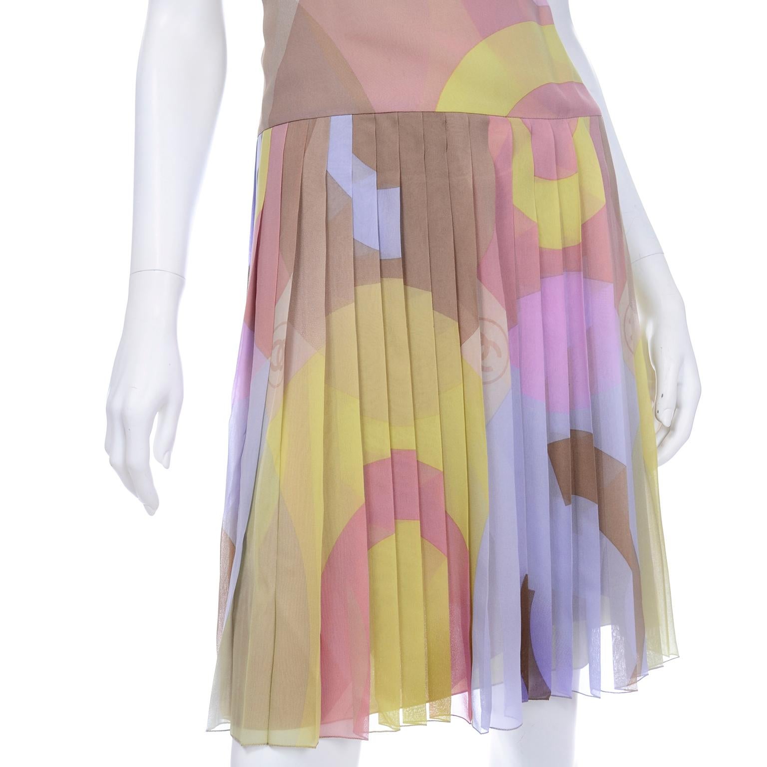 Chanel Pastel Abstract Logo CC Print Silk Chiffon Dress With Pleated Skirt 3