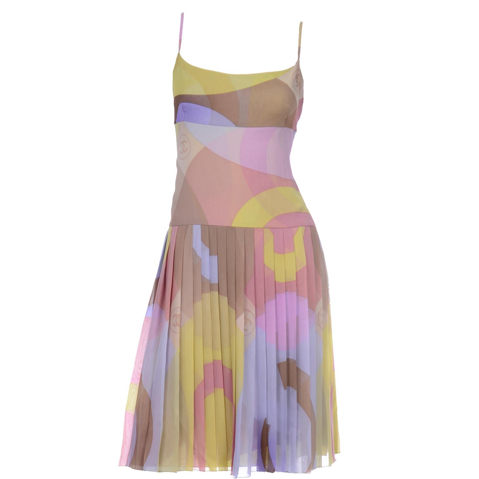 Chanel Pastel Abstract Logo CC Print Silk Chiffon Dress With Pleated Skirt 4