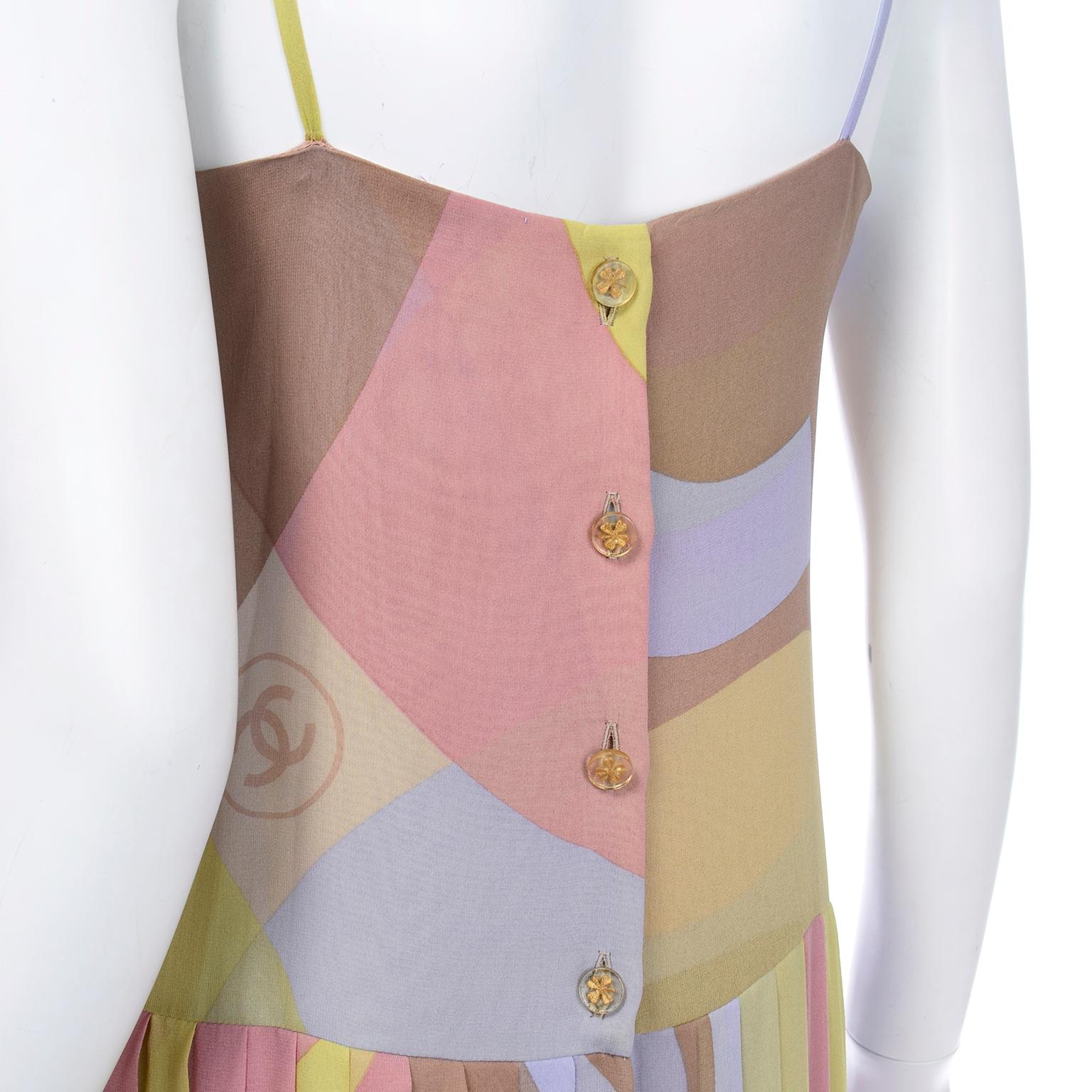 Women's Chanel Pastel Abstract Logo CC Print Silk Chiffon Dress With Pleated Skirt