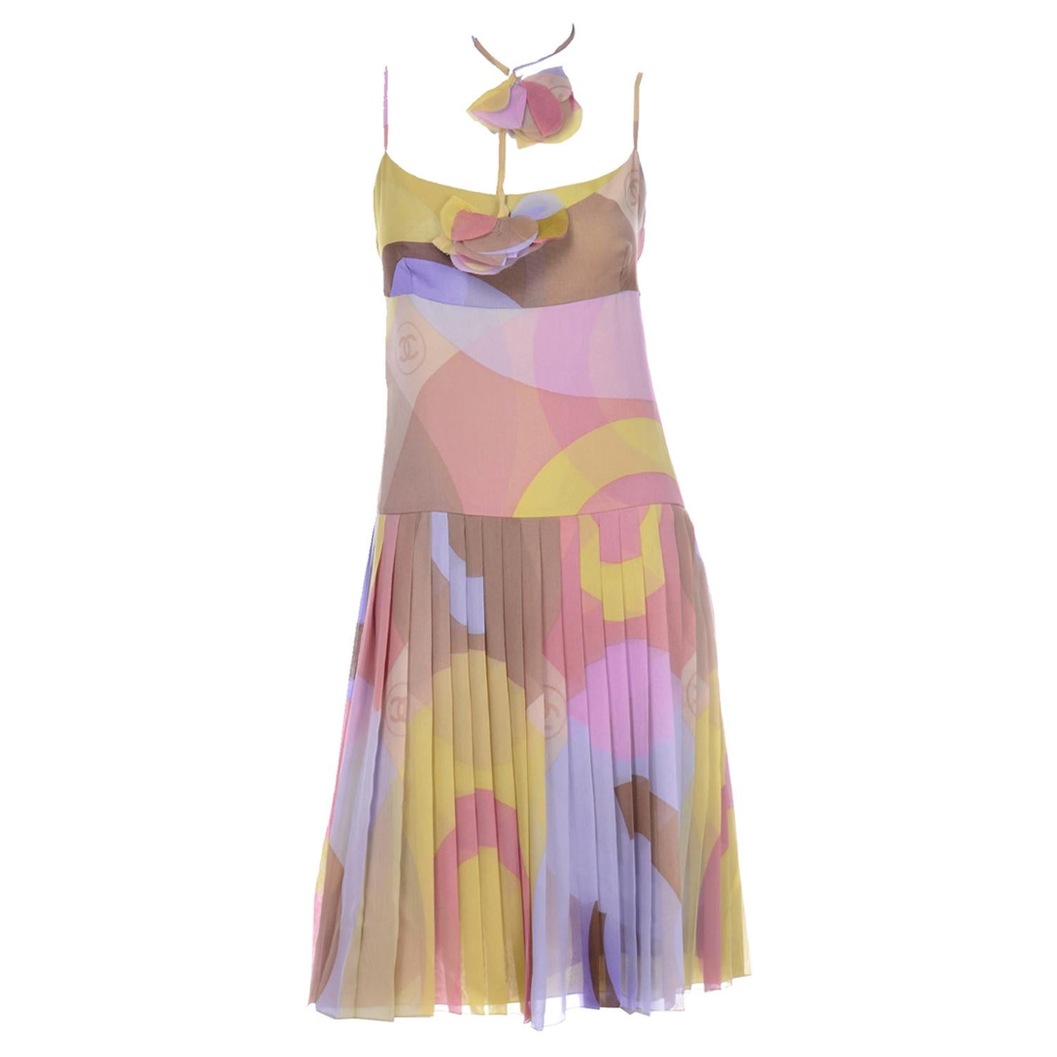 Chanel Pastel Abstract Logo CC Print Silk Chiffon Dress With Pleated Skirt