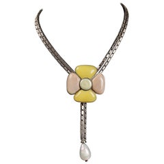 Chanel Pastel Gripoix Camellia Flower Necklace on Silver Chain