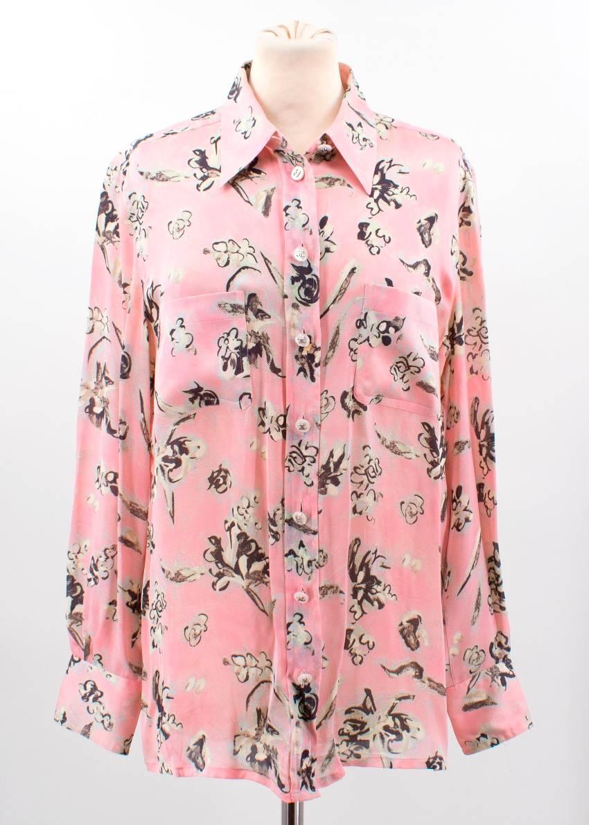 Chanel Pastel Pink with Flower Print Silk Blouse   For Sale 4