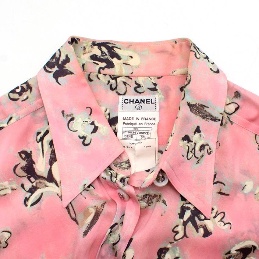 Chanel Pastel Pink with Flower Print Silk Blouse   For Sale 1