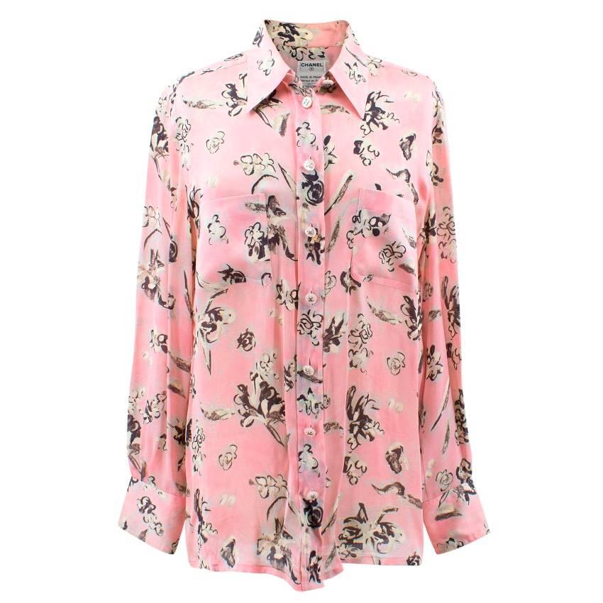 Chanel Pastel Pink with Flower Print Silk Blouse For Sale at 1stDibs