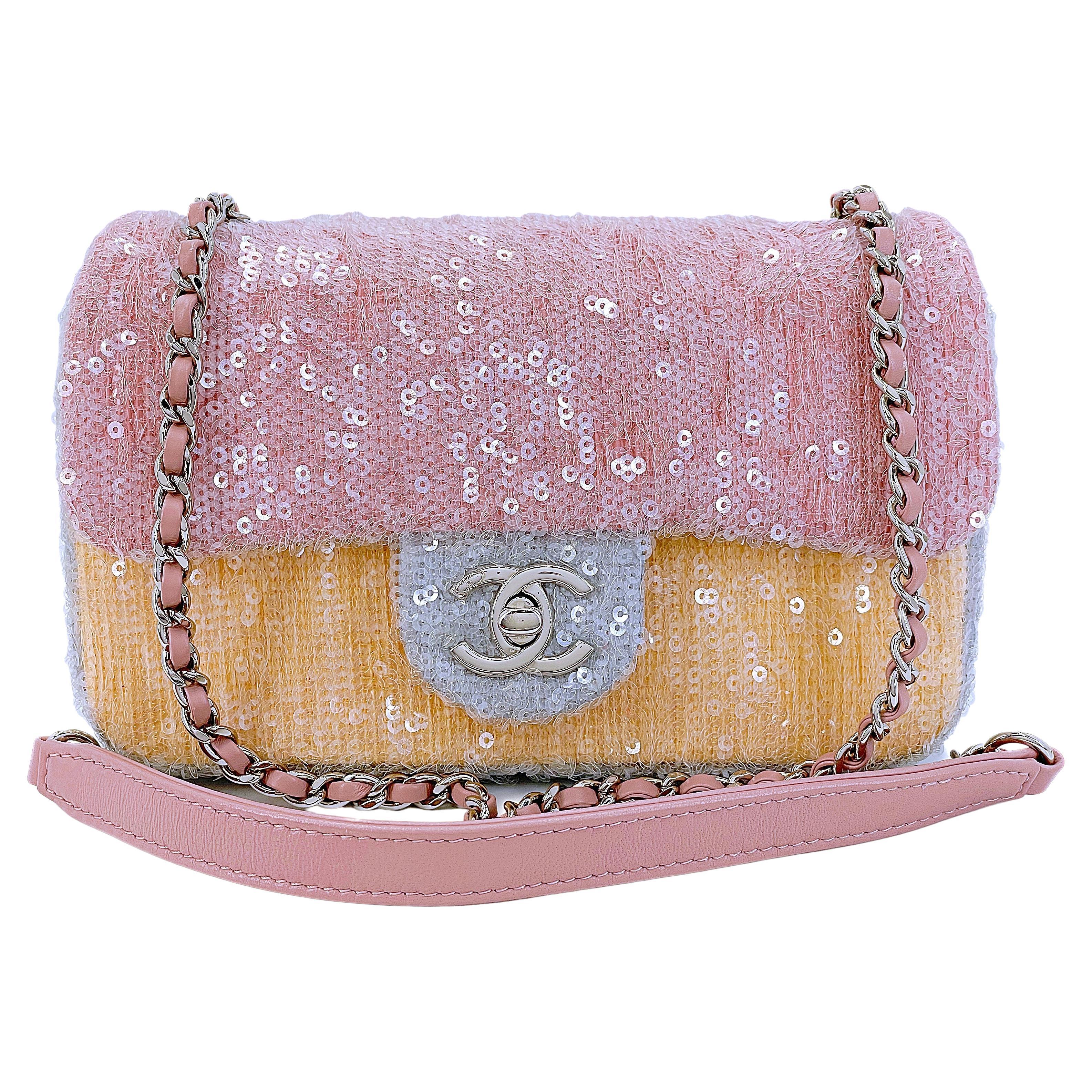 Chanel Pastel Rainbow Sequin Waterfall Rectangular Mini Flap Bag SHW 67658  For Sale at 1stDibs