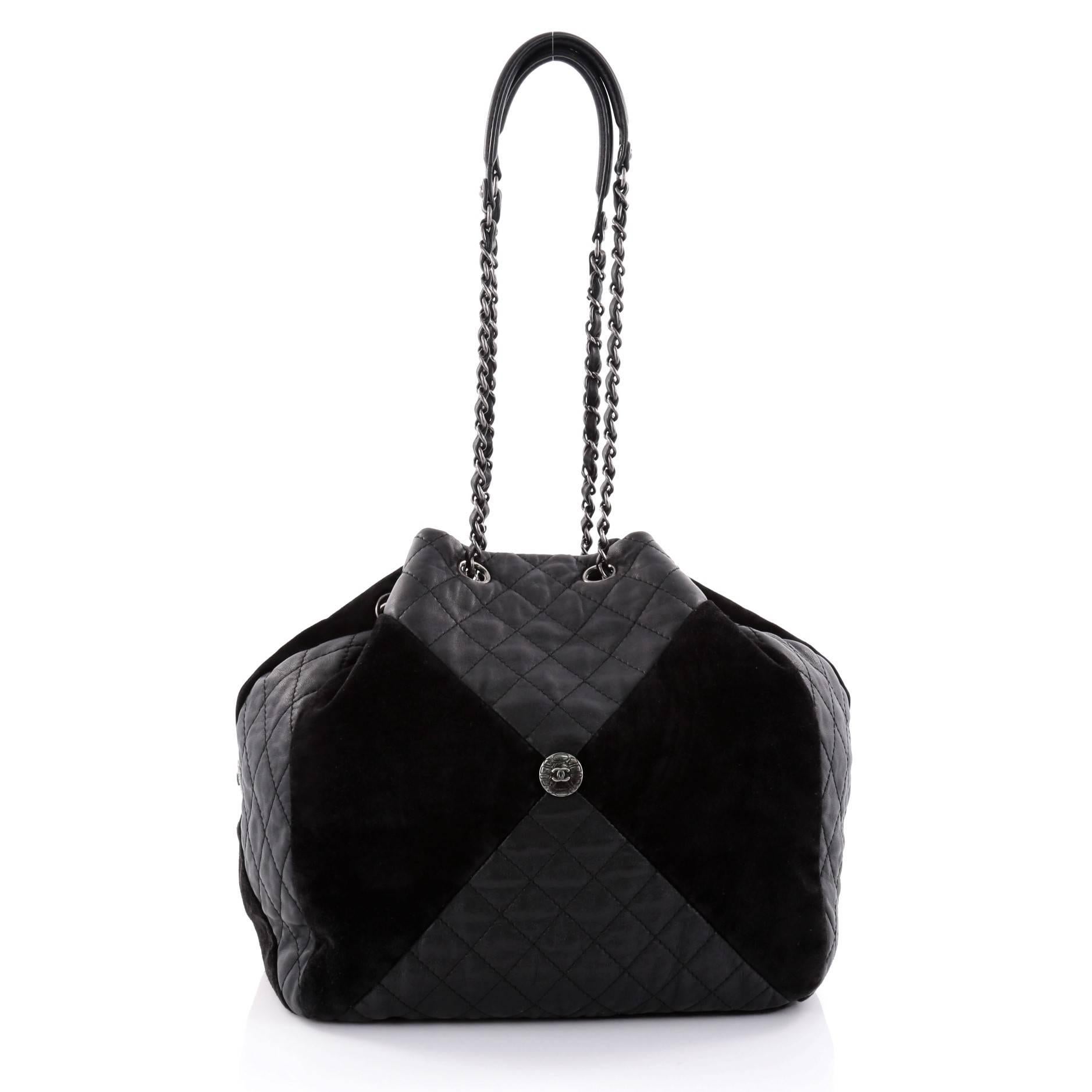 Black Chanel Patchwork Drawstring Bag Quilted Leather and Suede Large