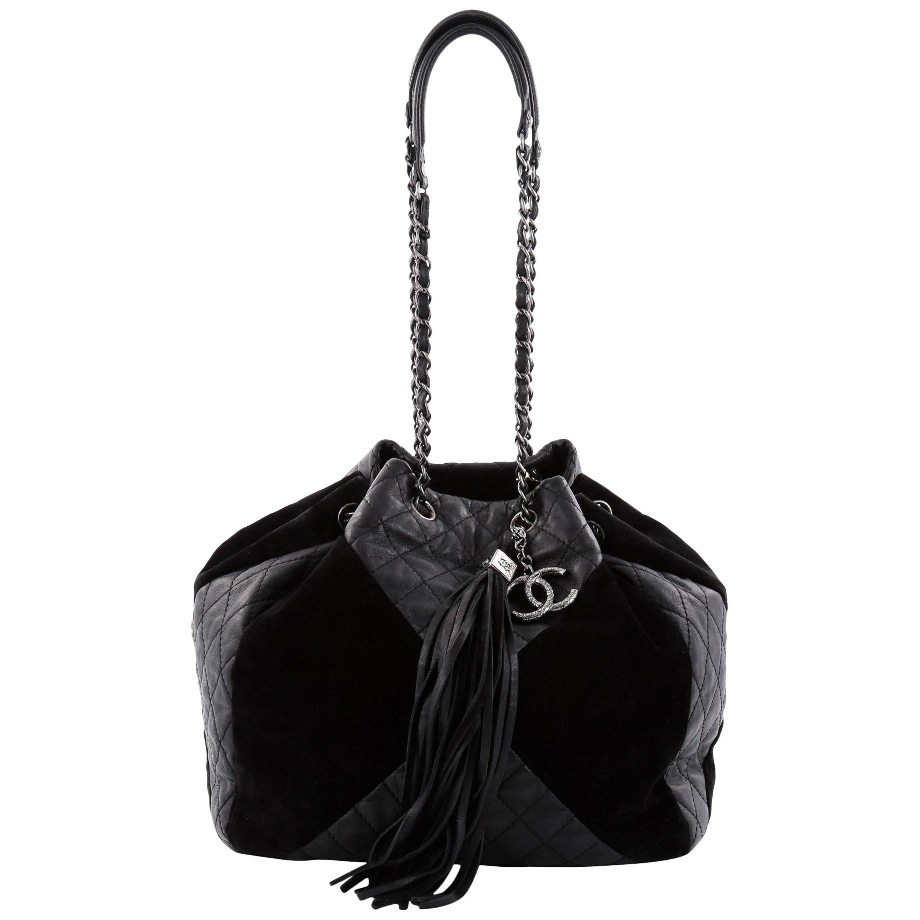 Chanel Patchwork Drawstring Bag Quilted Leather and Suede Large