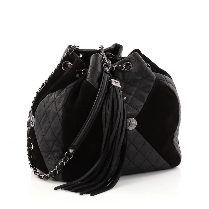 Black Chanel Patchwork Drawstring Bag Quilted Leather and Suede Medium