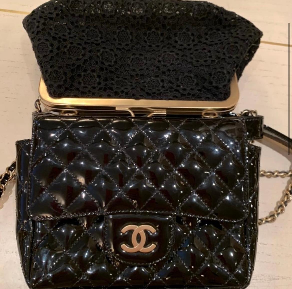 Black Chanel Patent and Lace twin chain shoulder black bag For Sale