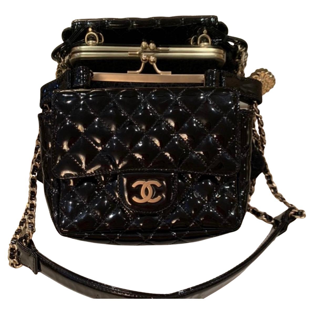Chanel Patent and Lace twin chain shoulder black bag For Sale