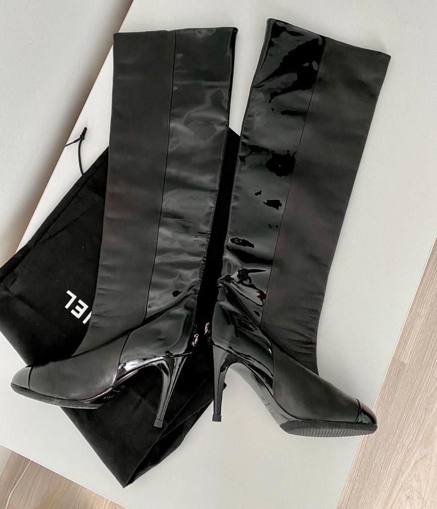 Black Chanel Patent and Lambskin Leather Heel Boots Size 37 For Sale