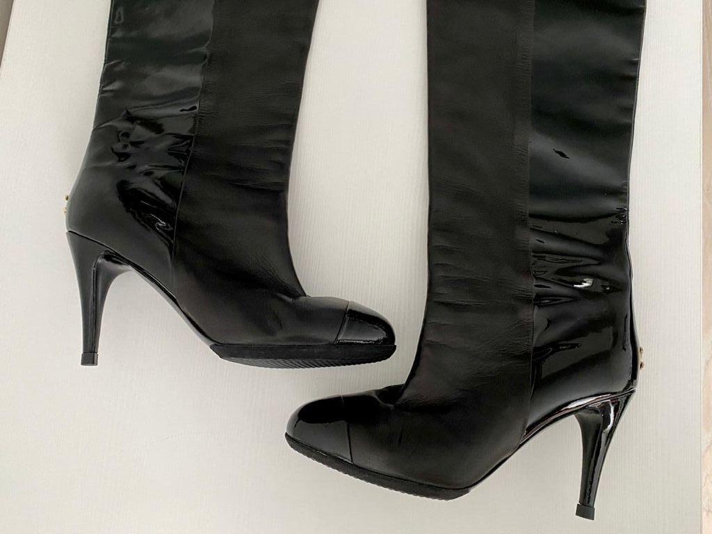 Chanel Patent and Lambskin Leather Heel Boots Size 37 For Sale 3