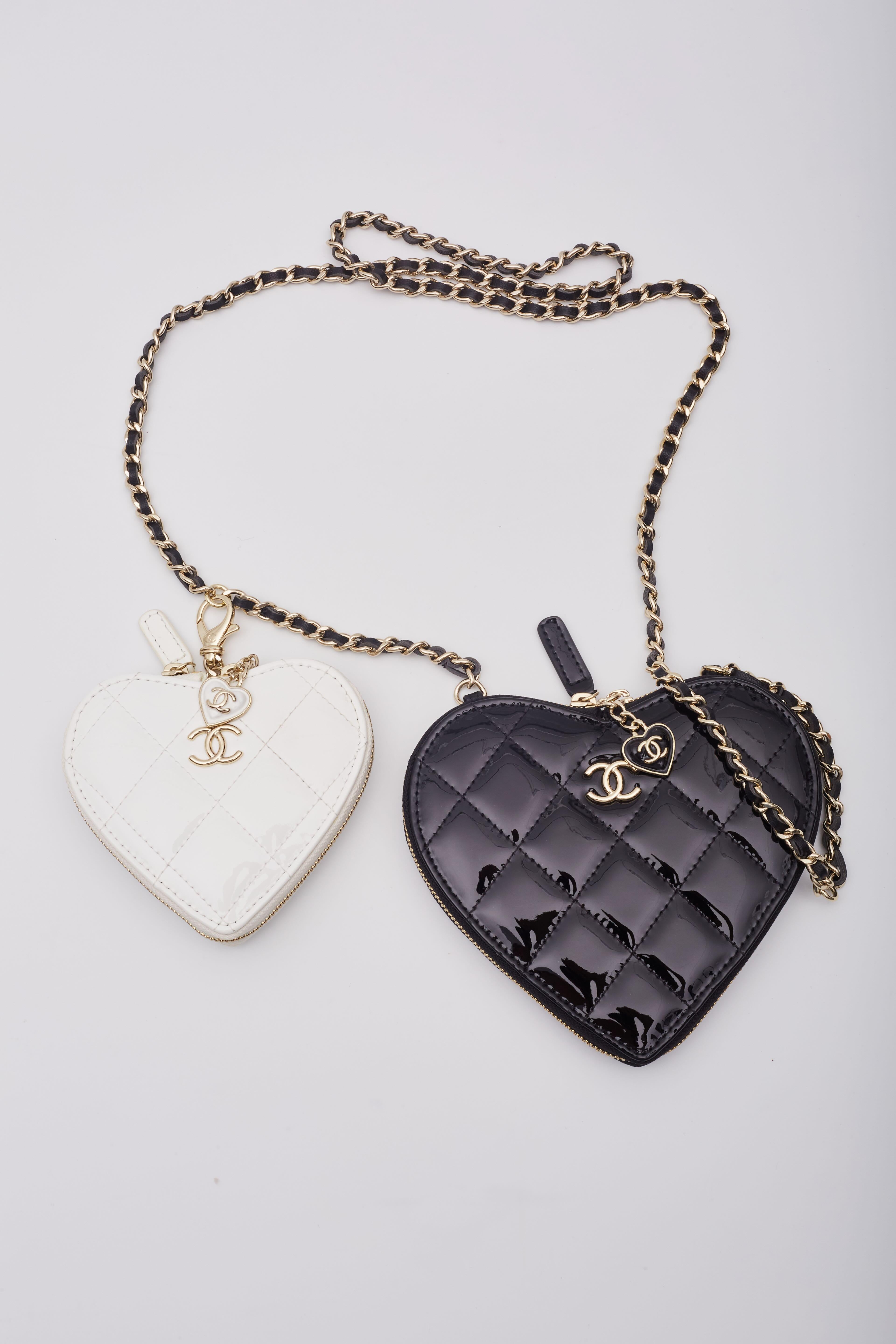Women's Chanel Patent Black White Double Heart Shoulder Bags For Sale