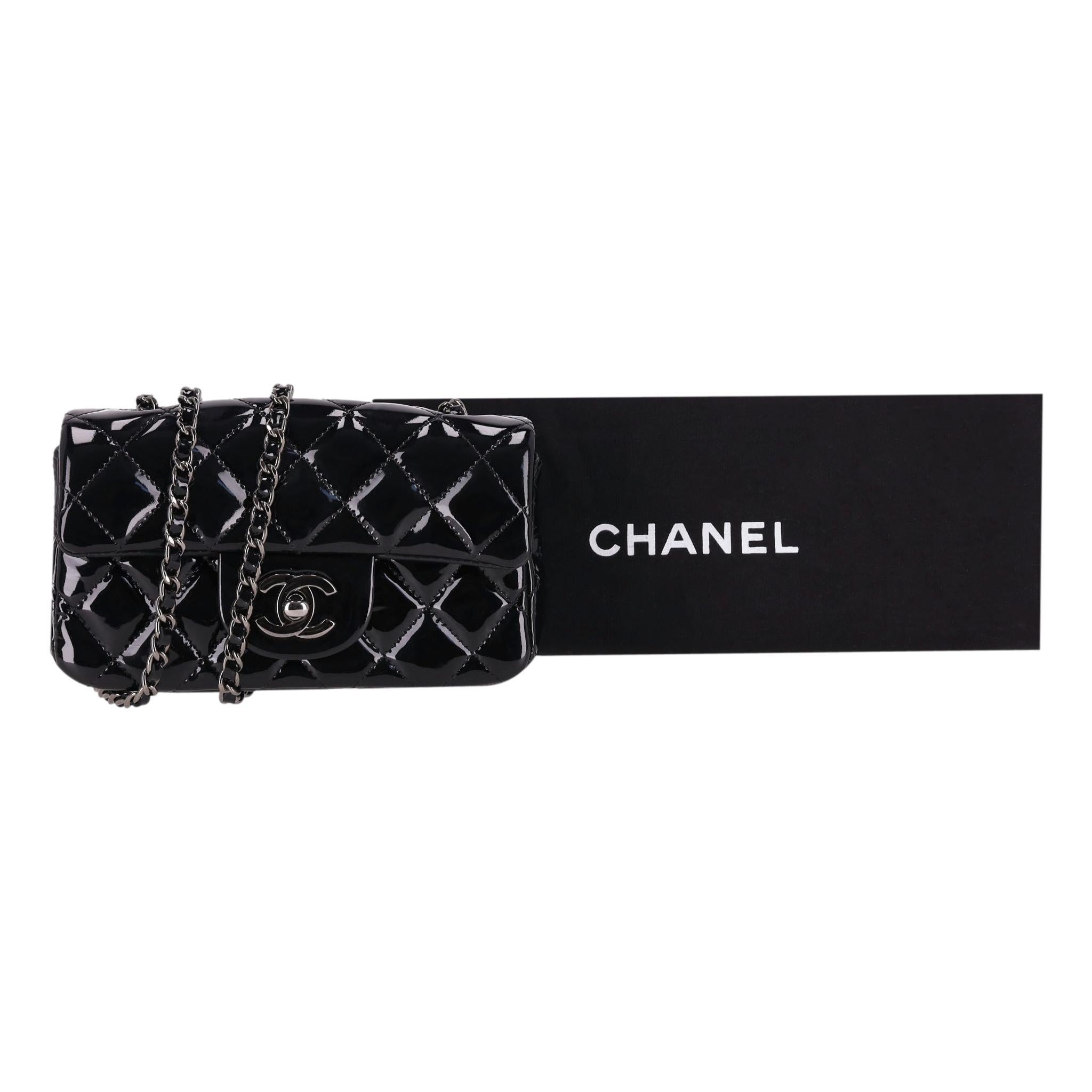Black Chanel Patent Calfskin Quilted Extra Mini Flap Bag On A Chain For Sale