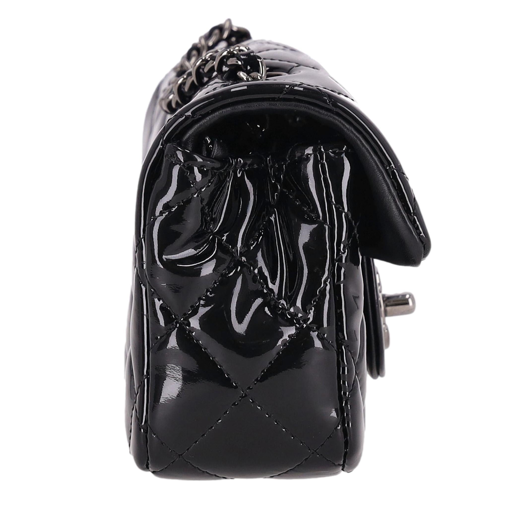 Chanel Patent Calfskin Quilted Extra Mini Flap Bag On A Chain In Excellent Condition For Sale In London, GB