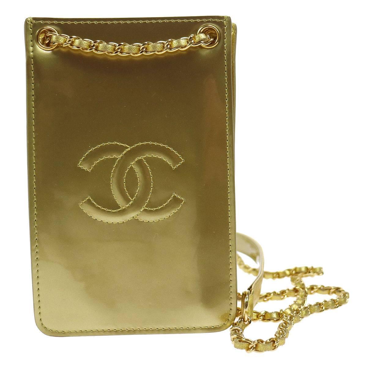 Chanel Patent Gold Cell Phone Case Mobile Crossbody Shoulder Bag in Box