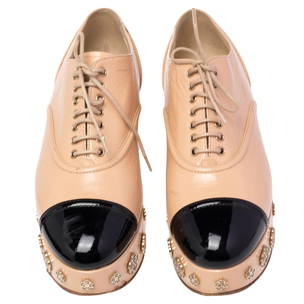 Chanel Patent Leather and Leather Camellia Platform Lace Up Oxfords Size 39.5 2