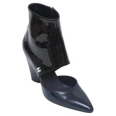 CHANEL Patent Leather Ankle Boots Blue Black Pumps D'Orsay Heels Silver 38 2020