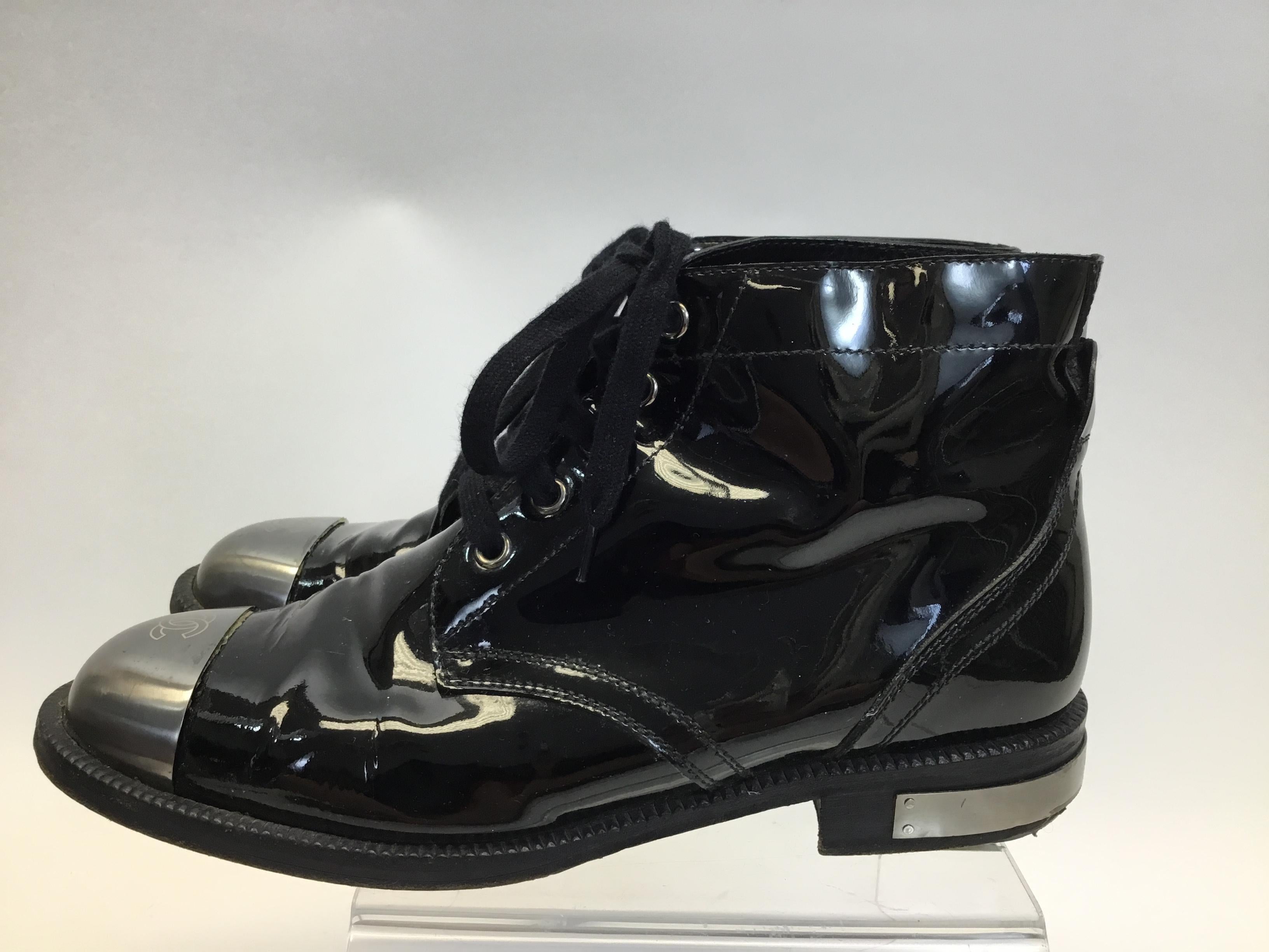 Chanel Patent Leather Black Ankle Boot with Silver Toe In Good Condition In Narberth, PA