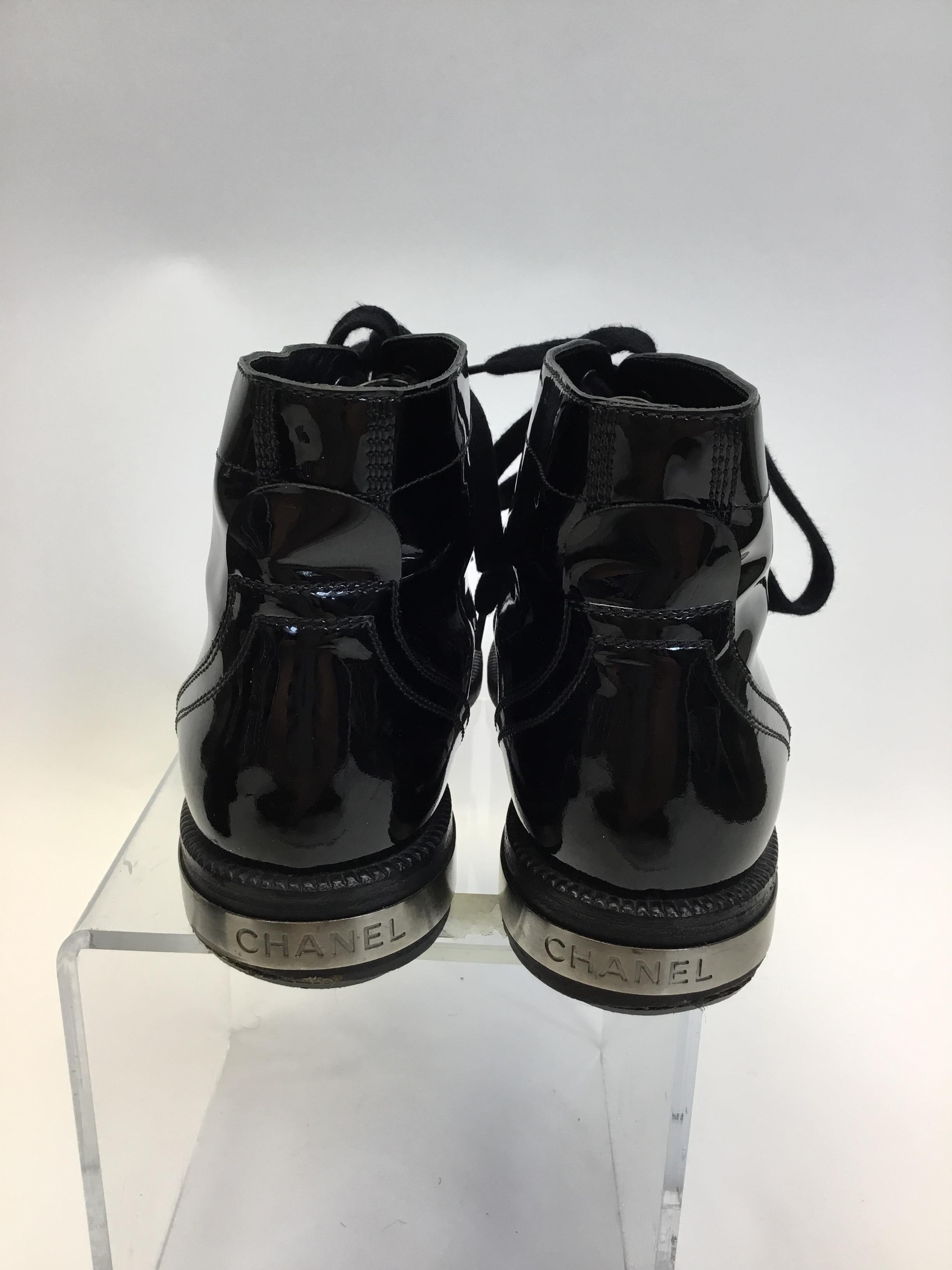 Women's Chanel Patent Leather Black Ankle Boot with Silver Toe