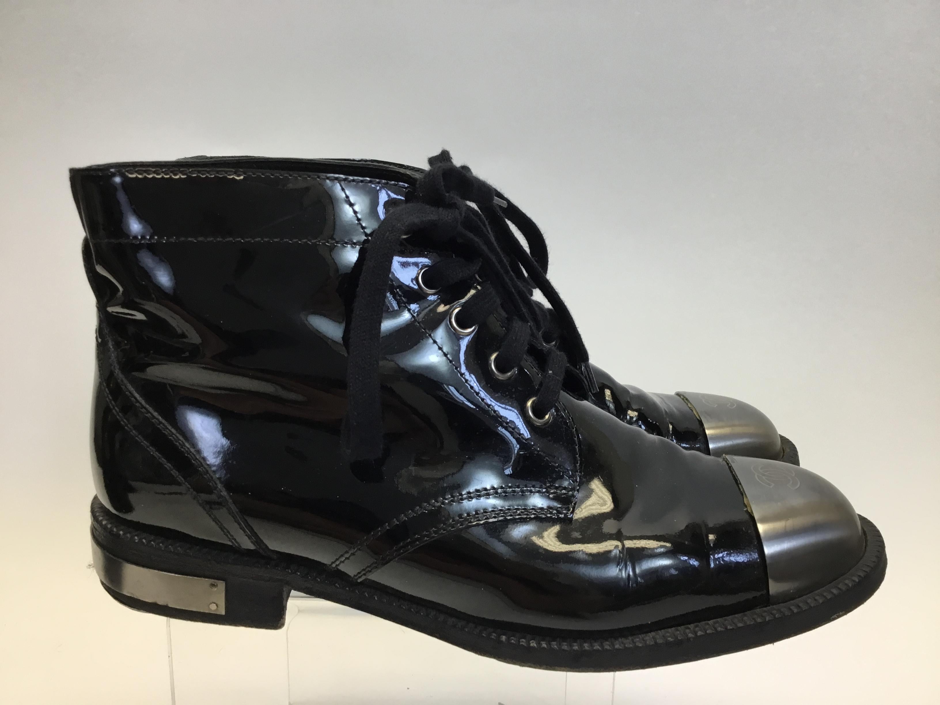 Chanel Patent Leather Black Ankle Boot with Silver Toe 1