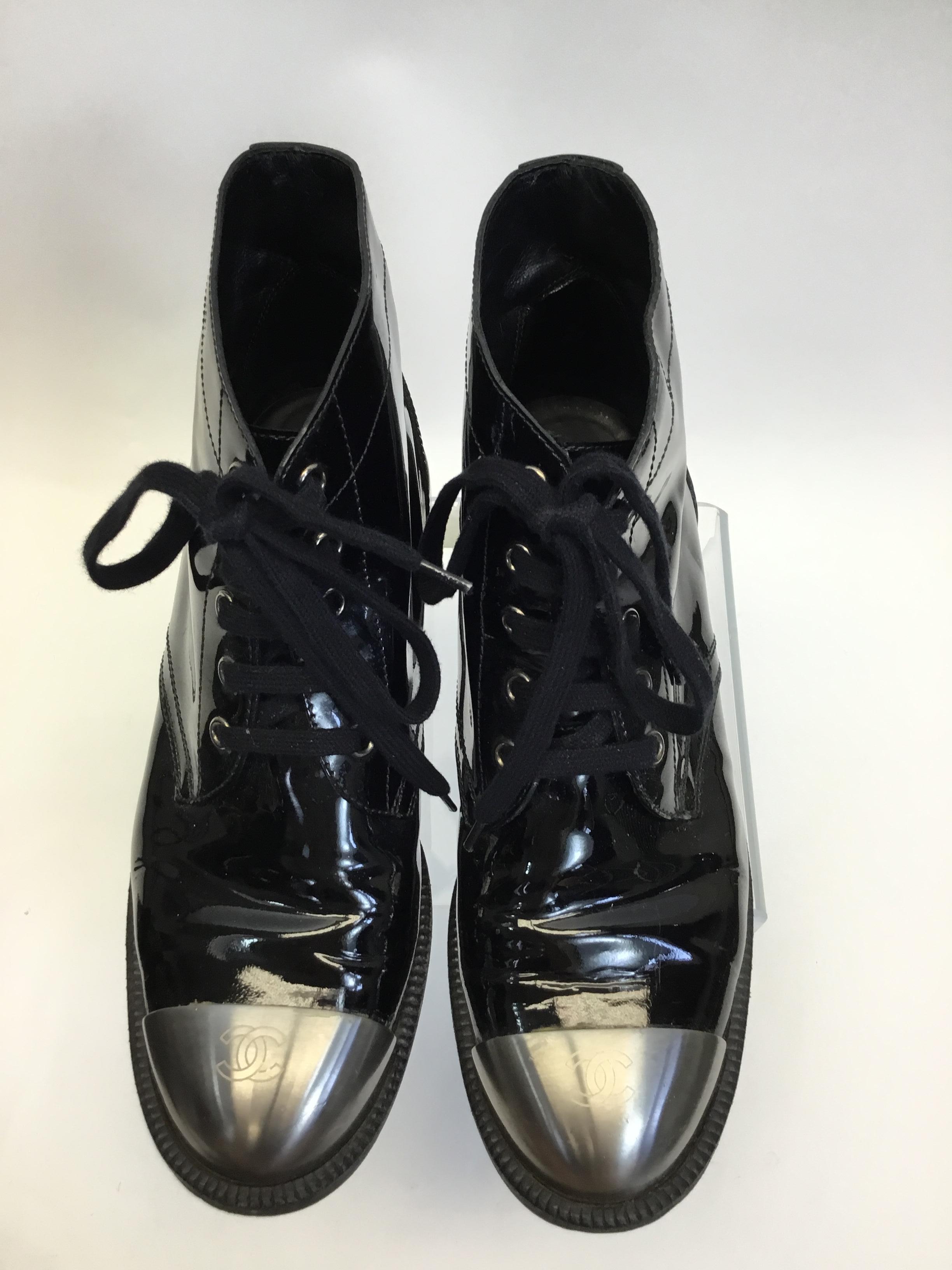 Chanel Patent Leather Black Ankle Boot with Silver Toe 2