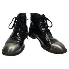 Chanel Patent Leather Black Ankle Boot with Silver Toe