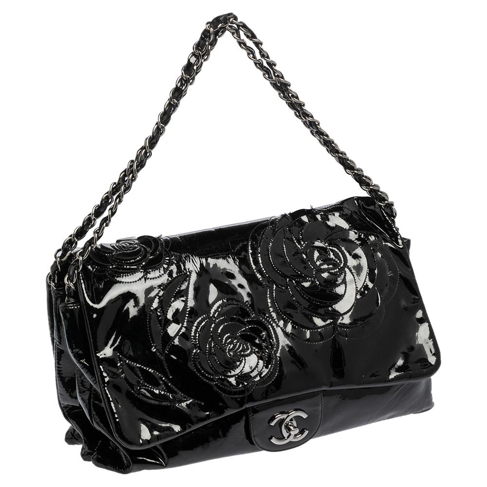Chanel Patent Leather Camellia Accordion 3 Classic Flap Bag In Good Condition In Dubai, Al Qouz 2