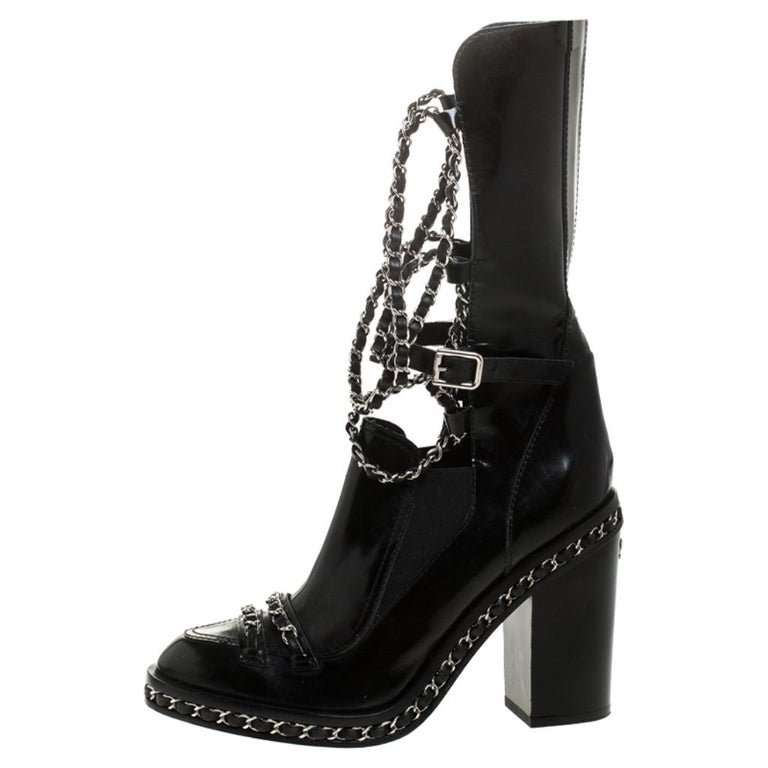Chanel Patent Leather CC Runway Glazed Chain Obsession Block Heel Boots ...