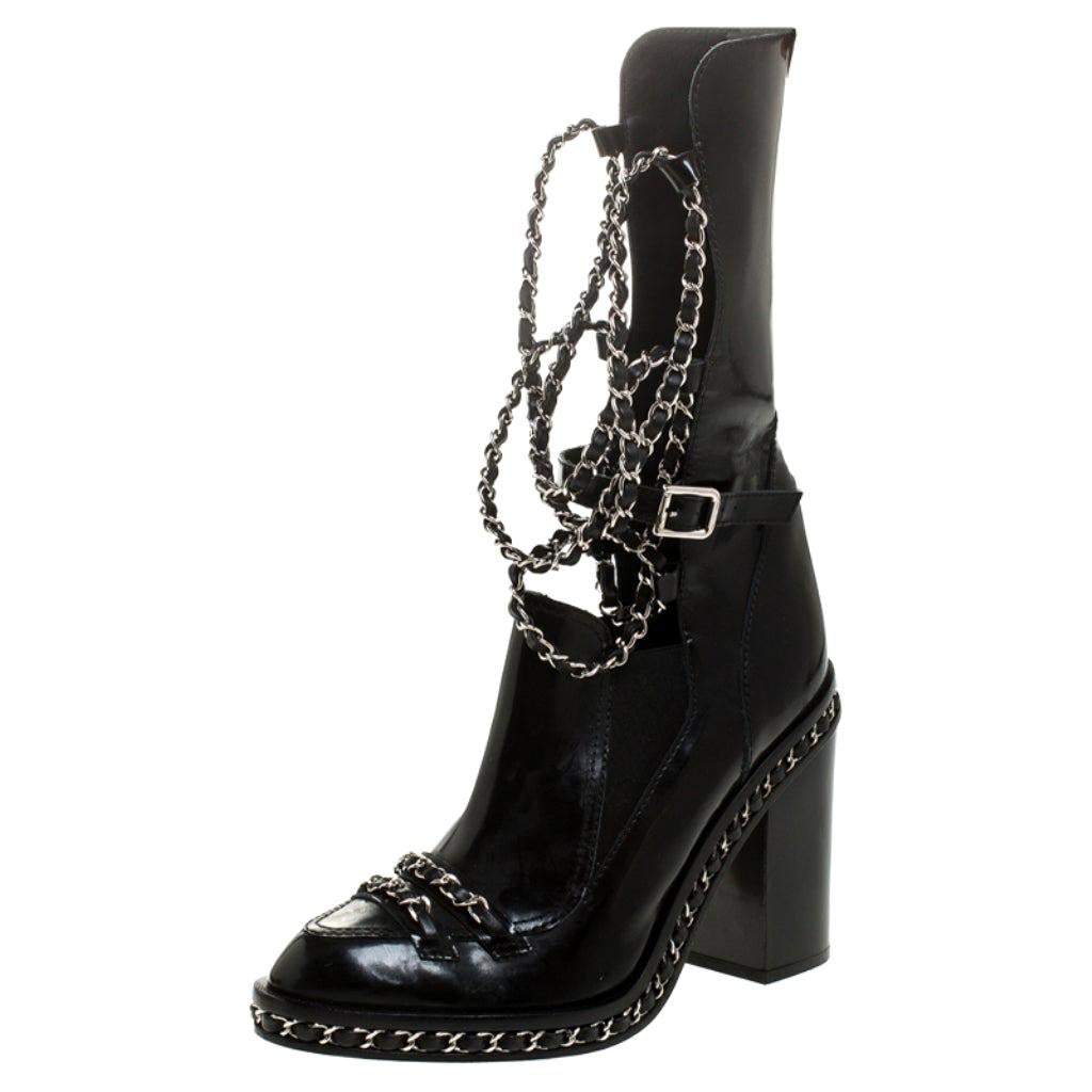 CHANEL Shearling Chain Studded CC High Boot 37 Black 761545
