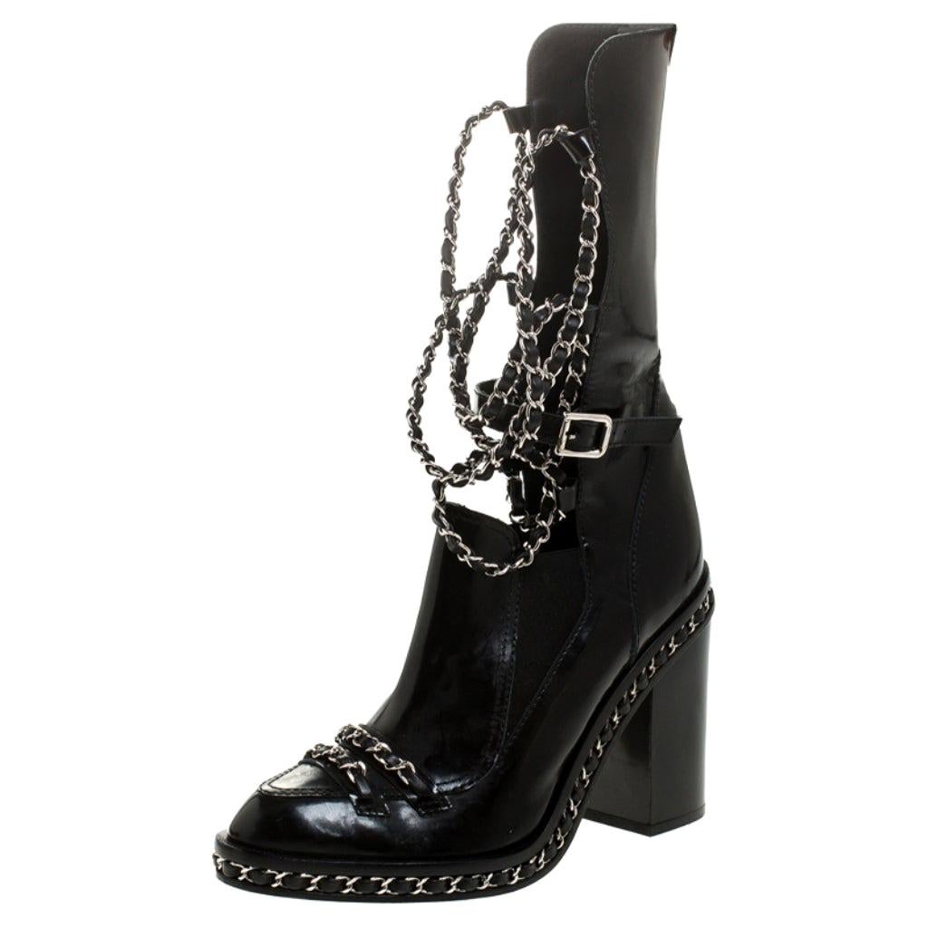 Chanel Patent Leather CC Runway Glazed Chain Obsession Block Heel Boots 38.5