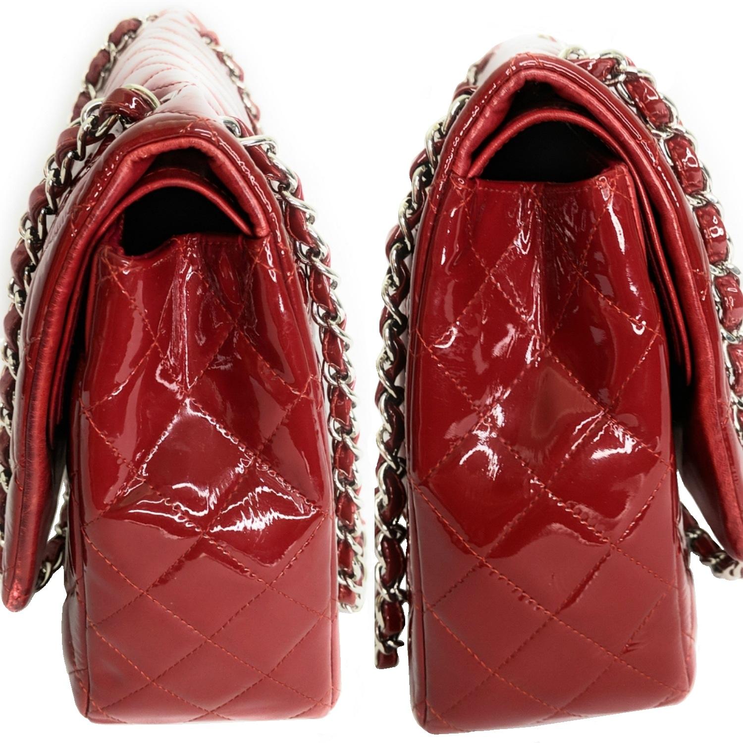Red Chanel Patent Leather Maxi Classic Double Flap Prune