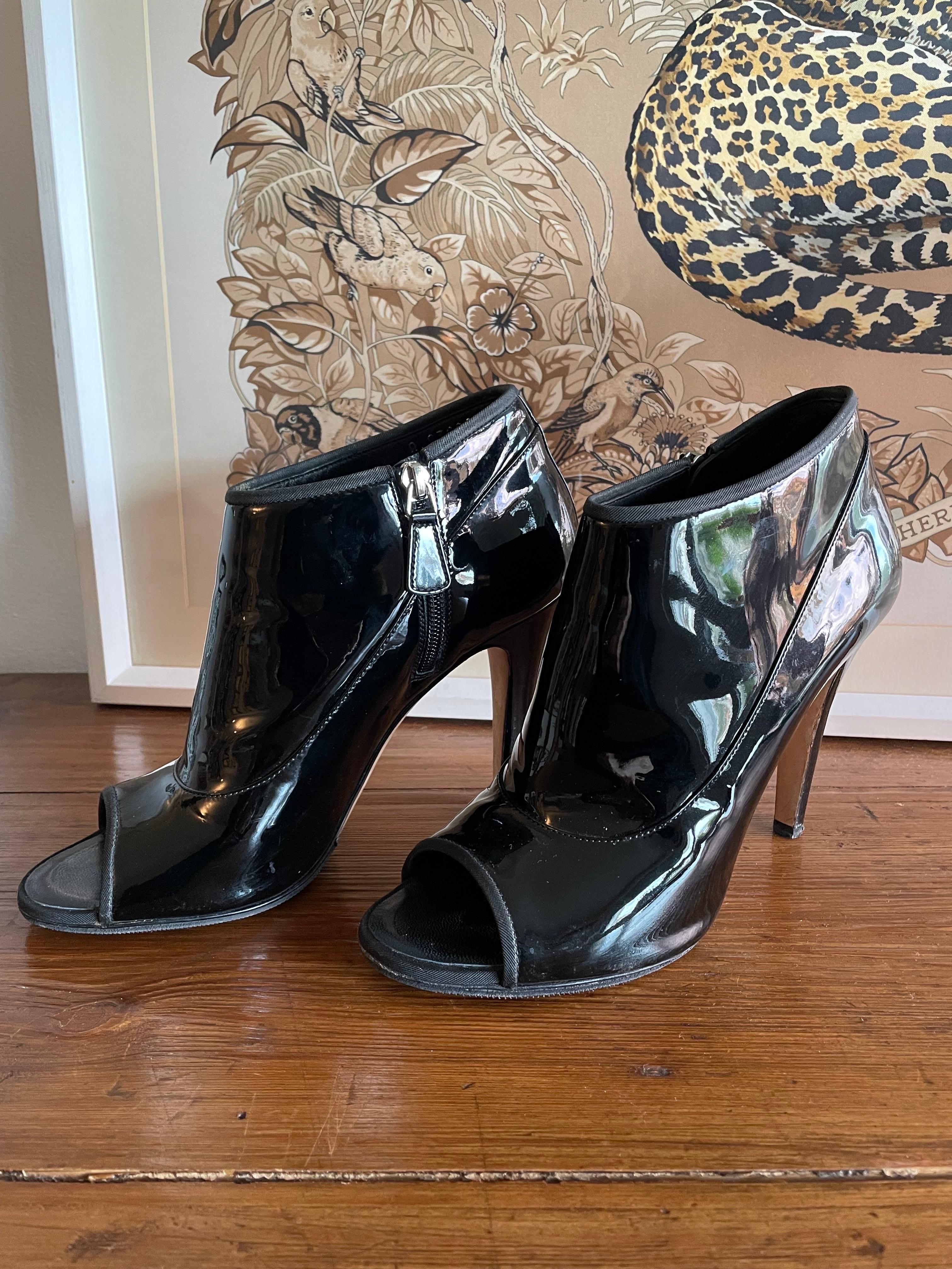 Black Chanel patent leather open toe ankle boots. For Sale