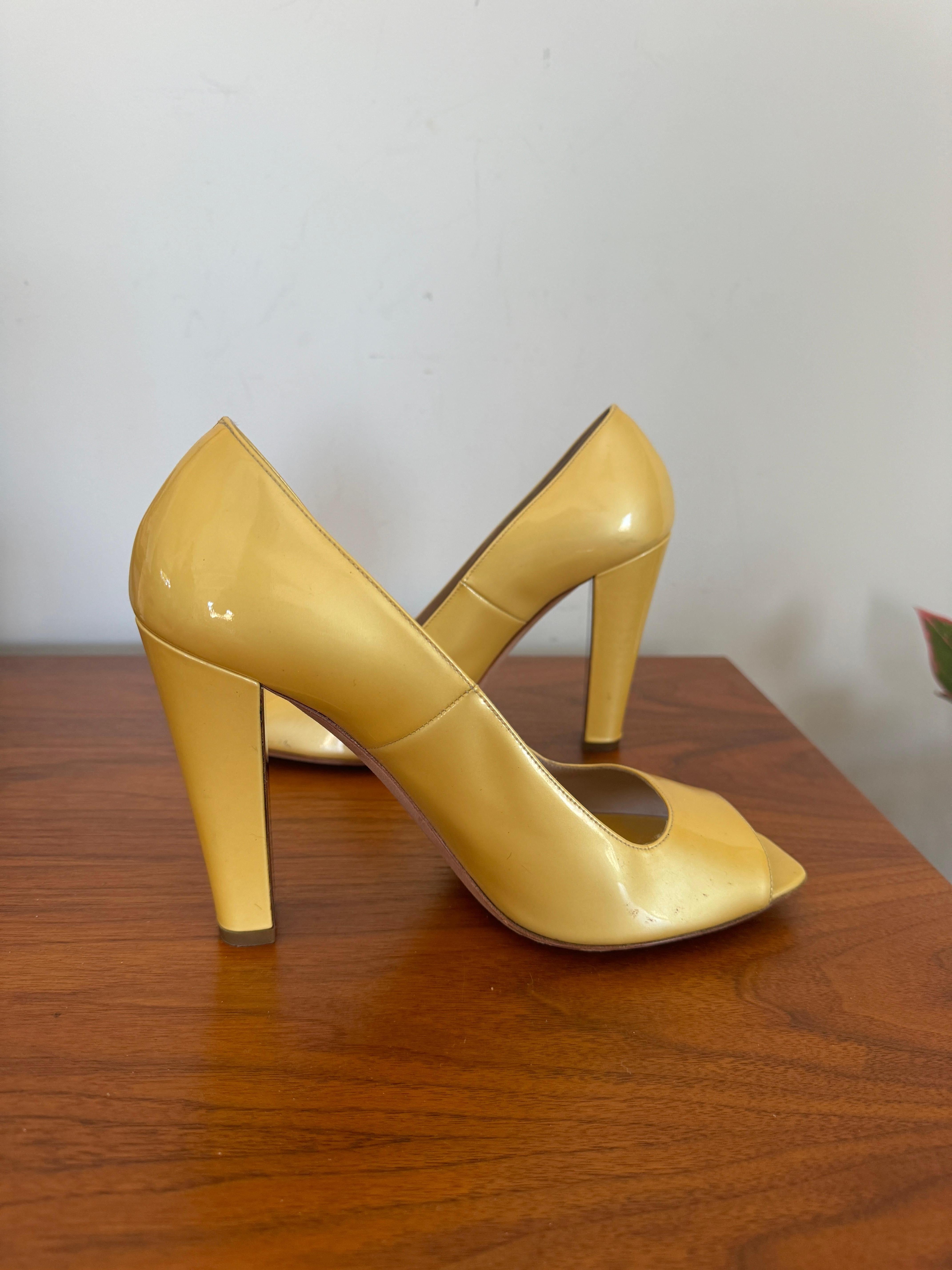 Chanel Patent Leather Open Toe Shoe Yellow with CC logo For Sale 2