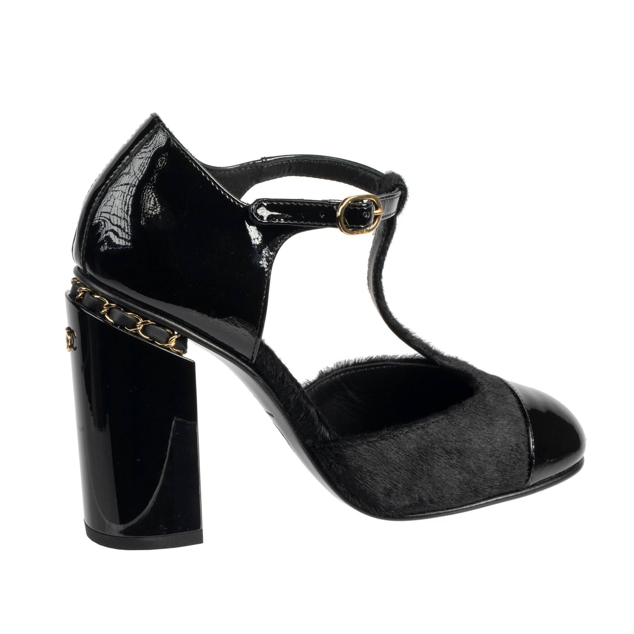 Black Chanel Patent Leather & Pony Hair Heel 36 FR
