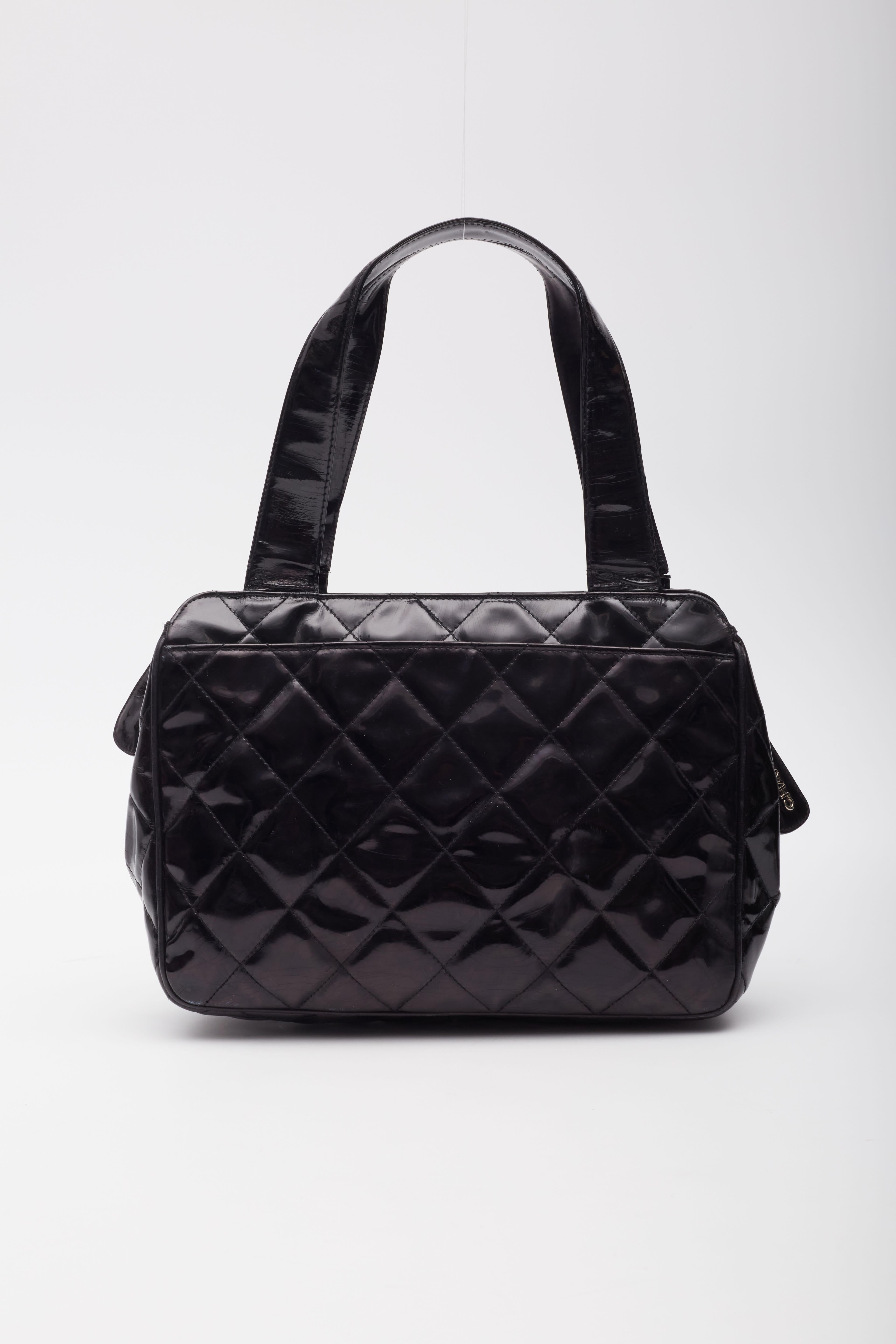 Women's Chanel Patent Quilted Leather Black CC Bowling Bag For Sale