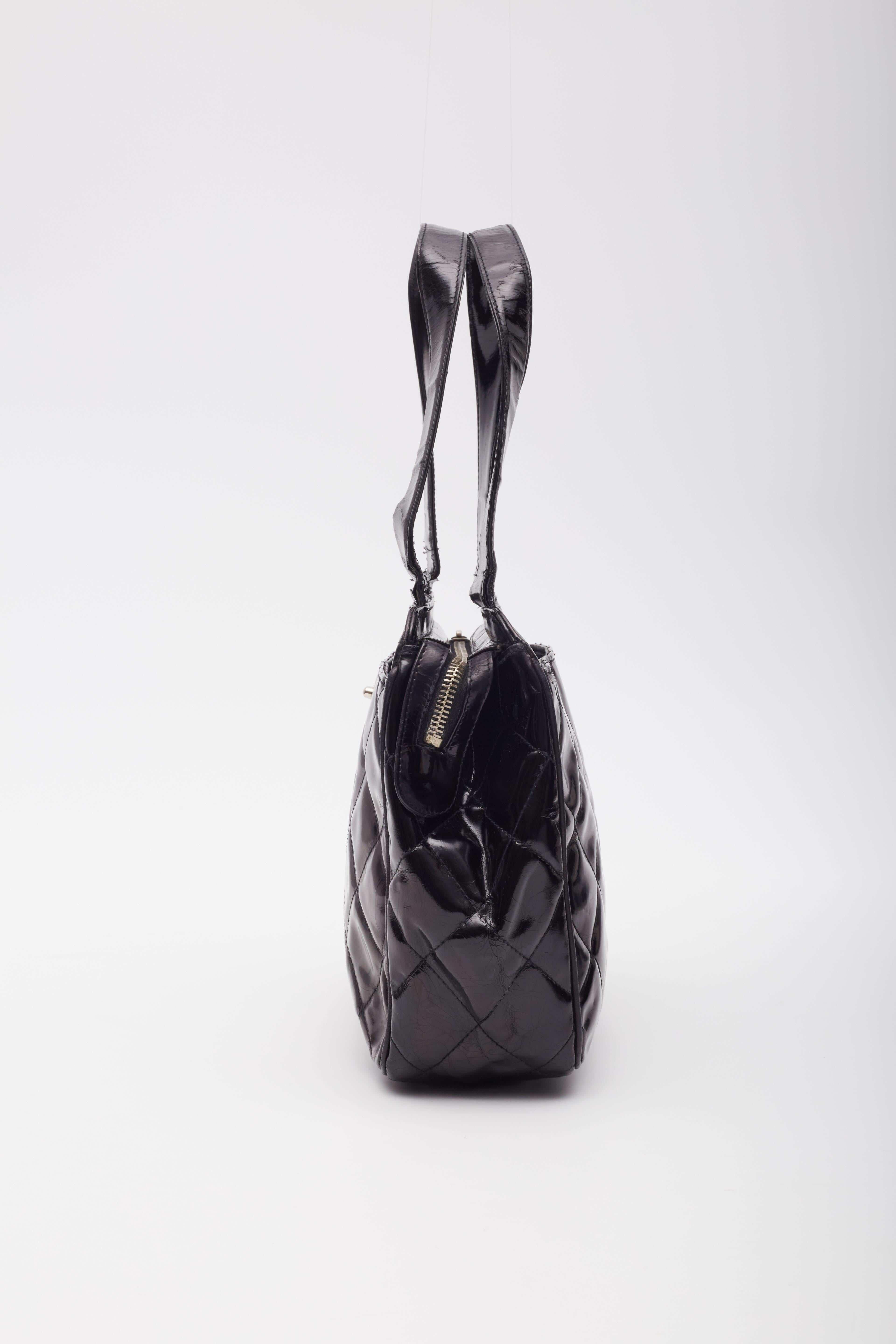 Chanel Patent Quilted Leather Black CC Bowling Bag For Sale 1